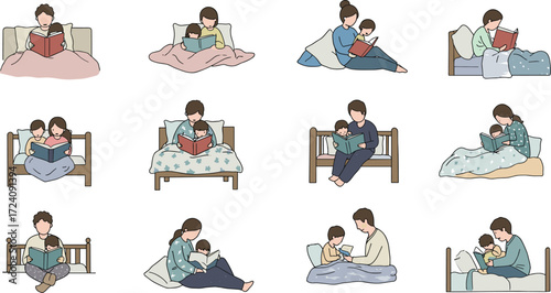 Parents reading to children, bedtime story, family bonding, literacy education, cozy home setting, emotional connection, vector illustration, nurturing moment