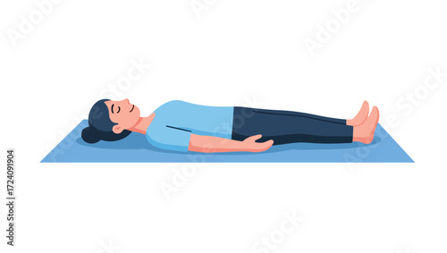 Woman relaxing in Savasana, a restorative yoga pose on a blue mat.