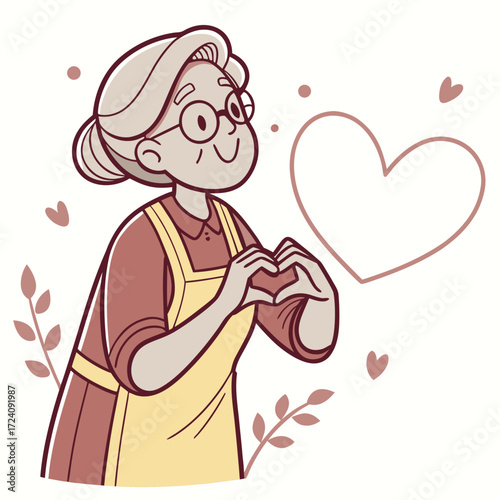 Friendly elderly woman with glasses smiling, hands in heart shape – welcoming cartoon style, soft colors and friendly tone.