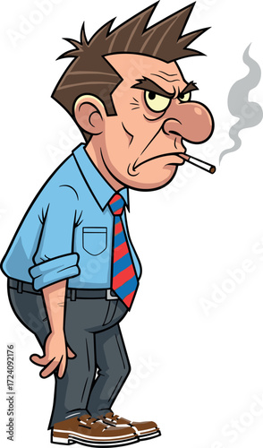 Angry cartoon businessman smoking cigarette with stern face, spiky hair, rolled sleeves, striped tie, expressive posture, vector illustration character