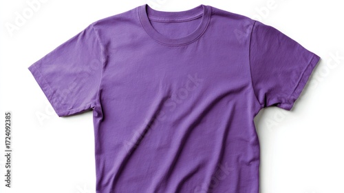 Purple t-shirt laid flat on white background