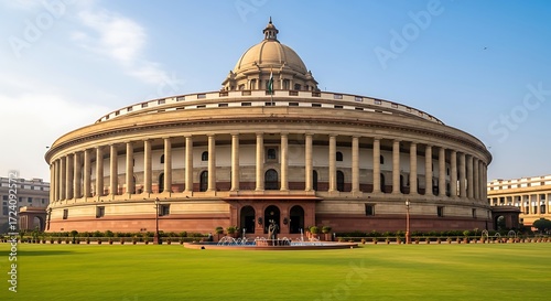 Magnificent parliament house of india captured on a sunny day, new delhi