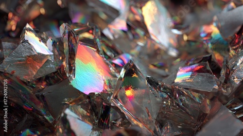 Shattered iridescent glass fragments