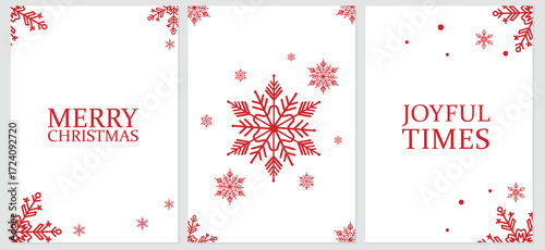 Christmas card set with red snowflakes and text.