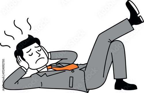 Businessman doing crunch exercise in office attire, stress workout concept, corporate fitness challenge, cartoon vector illustration for stock content