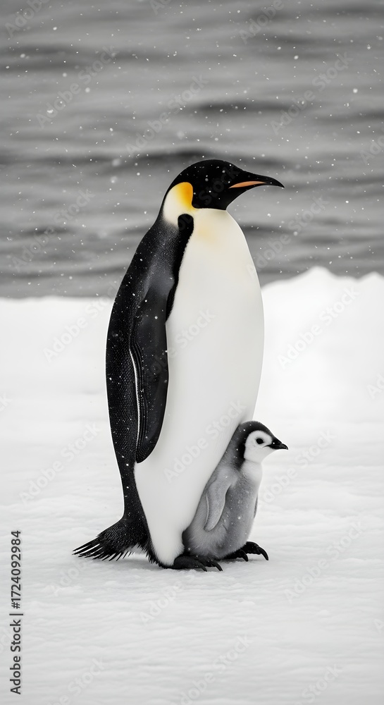 Fototapeta premium Gentle Guardian Emperor Penguin and Chick on Ice, a Heartwarming Arctic Scene Depicting Motherly Love and Survival