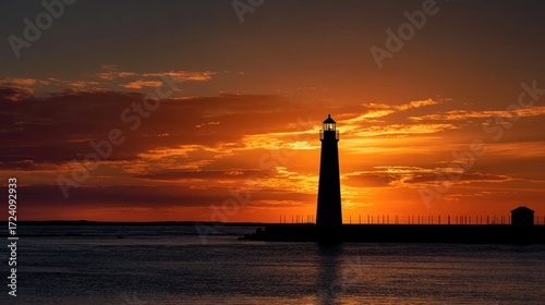 Lighthouse silhouette at sunset over water