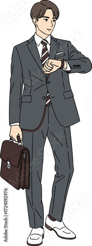 Businessman in formal suit checking time with wristwatch, holding briefcase, professional punctuality concept, isolated vector illustration design
