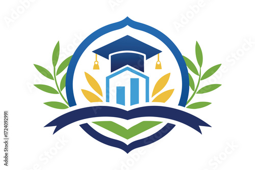 Blue graduation cap tops house logo, with laurel leaves, ribbon accentuating education