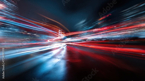 Blurry night lights streak down a highway