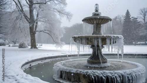 The fountain is covered with ice and snow.