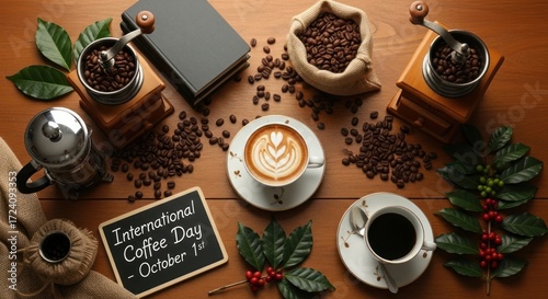 Wallpaper Mural Rich aroma of freshly roasted coffee beans and artfully prepared drinks on a rustic wooden table Torontodigital.ca