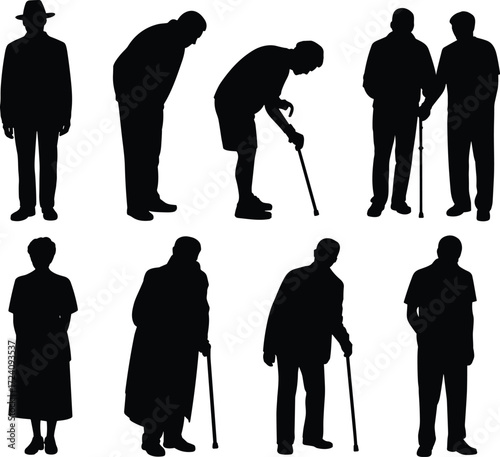 Elderly silhouette illustration, disabled people, cane support, aging posture, mobility aid, senior figures, healthcare concept, vector art, accessibility, diversity