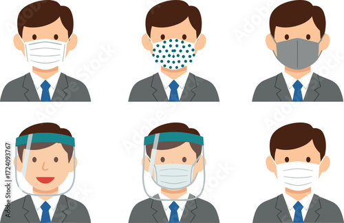 Cartoon Businessman Wearing Various Face Masks and Shields for Health Protection, Safety Equipment, Pandemic Prevention, Hygiene, and Virus Defense