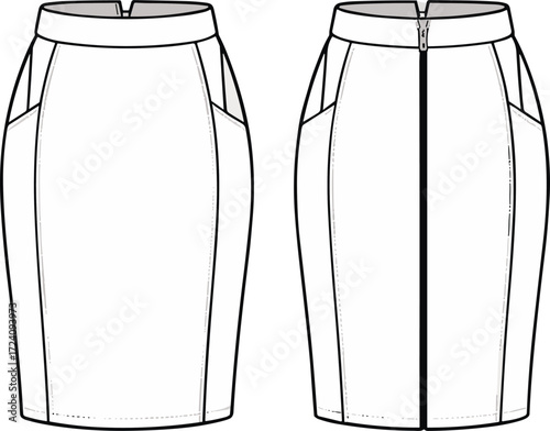Pencil skirt CAD flat with waistband panel seams and back zipper, women’s skirt fashion vector template technical flat front and back views
