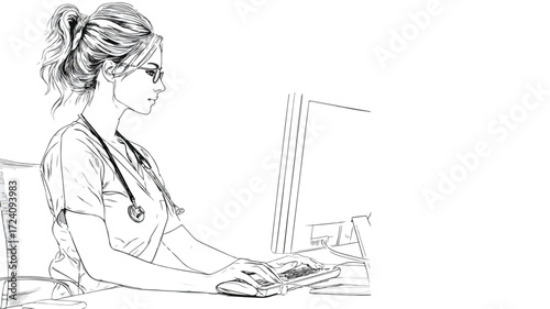 Focused Female Nurse Working on Computer, Healthcare Professional in Action
