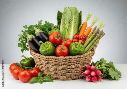 Fresh basket of healthy vegetables and greens