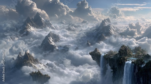 High-altitude, majestic mountains, clouds, islands
