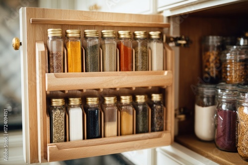 Wooden spice rack in kitchen cabinet