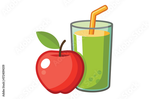 Fresh red apple stands beside a glass containing a smoothie with a straw