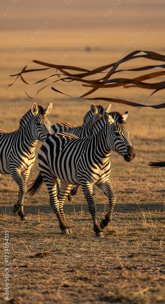 Obraz premium Capture the Exquisite Beauty A Dynamic Snapshot of Zebras in Motion, Showcasing the Striking Patterns and Graceful Run Across the African Savanna