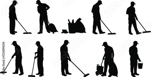 Silhouette of janitors cleaning with tools, vacuum, mop, bucket, trash bag, and equipment, 