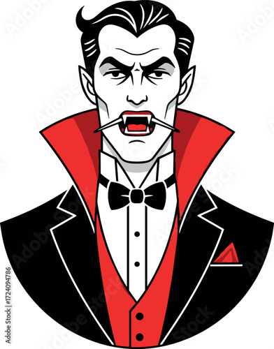 Classic vampire character in formal suit and cape with fangs, blood drop, Halloween horror theme, spooky Dracula vector illustration