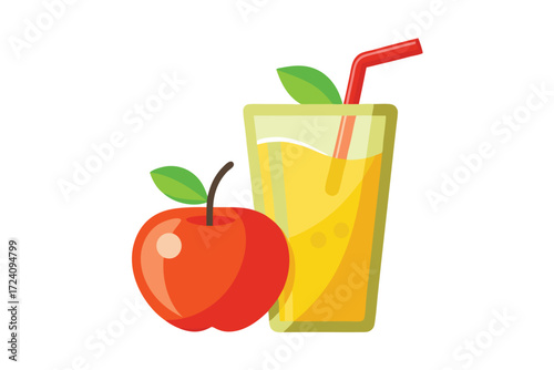 Shiny red apple sits beside a tall glass containing fresh juice with a straw