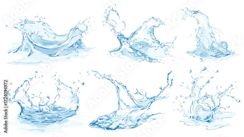 Pure Water Splashing Vector Set on White Background