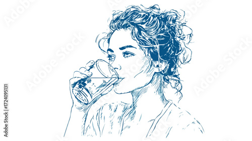 Refreshingly beautiful woman drinking fresh water in hand-drawn style