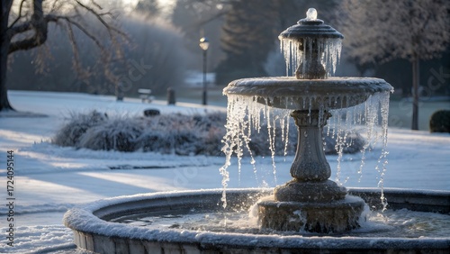 The fountain is covered with ice and snow.