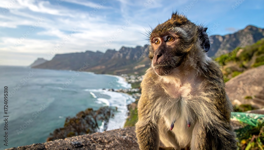 Naklejka premium Monkey overlooking a coastal landscape