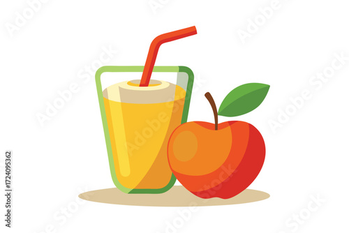 Bright apple juice in glass with red straw beside a shiny red apple