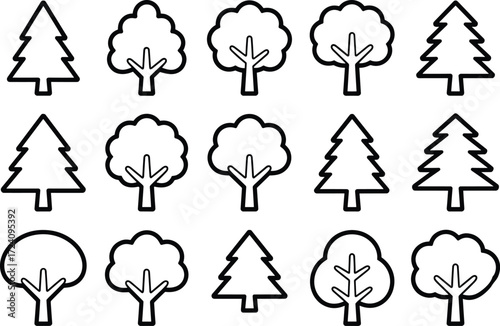 Tree icon silhouette collection, forest nature design, conifer and deciduous trees, vector illustration, black line art, eco environment, landscape graphics