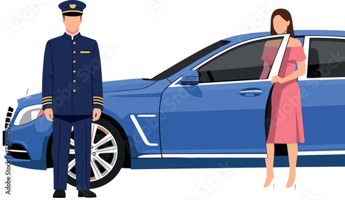 Luxury chauffeur service with elegant female client, premium car, professional hospitality, formal attire, upscale transportation, event arrival, VIP experience