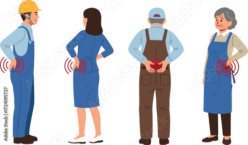 Lower back pain in workers and elderly people, occupational injury, spine discomfort, posture strain, health risk illustration for medical awareness