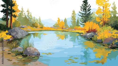 Serene Pond Landscape Vector Scene for Graphic Design Projects