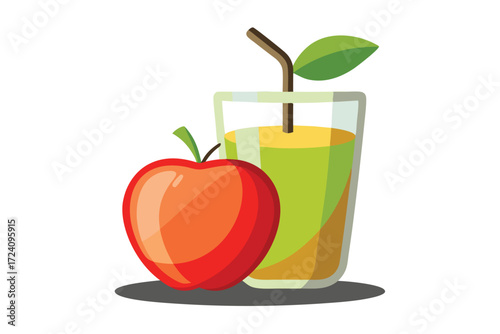 Shiny red apple rests beside a refreshing glass of fresh juice with a straw
