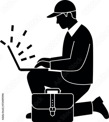 Silhouette of remote worker kneeling with laptop and briefcase, representing mobile freelance work, digital nomad lifestyle, and outdoor productivity.