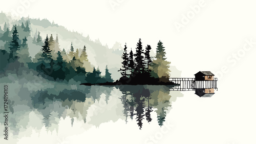 Serene Watercolor Landscape with Pier and Lake Cabin in Pastel Colors