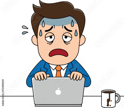 Stressed office worker at desk with laptop and spilled coffee, overwhelmed by workload, anxiety, burnout, deadline pressure, cartoon vector illustration