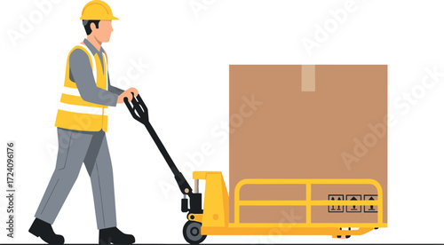 Warehouse worker pushing pallet jack with cardboard box, wearing safety gear, industrial transport, logistics equipment, occupational safety, cargo handling.
