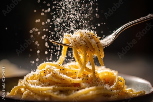 Parmesan Shower on Cacio e Pepe - A Culinary Delight.