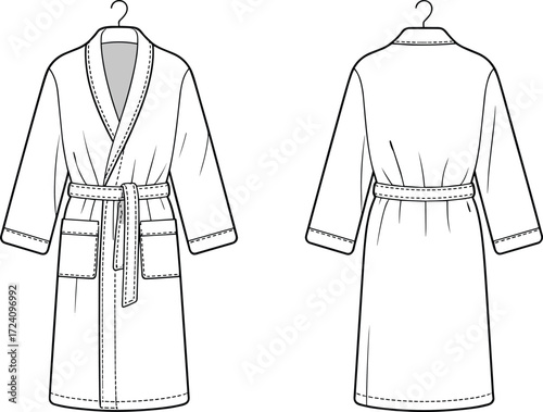Bathrobe CAD technical flat sketch front and back view, fashion vector outline loungewear nightwear template, robe with belt and pockets clothing design
