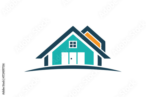A clean two story home with a blue roof and a white background