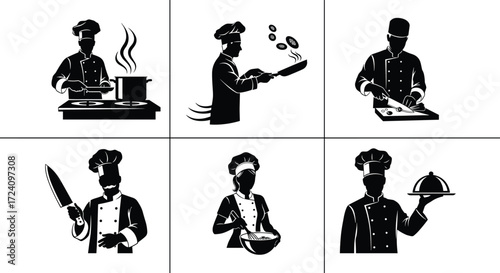 Professional chef, cooking food, frying vegetables, cutting ingredients, chef with knife, woman chef