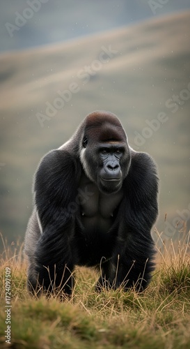 A magnificent silverback gorilla stands with a commanding presence on a grassy hillside, its intense gaze a powerful symbol of untamed nature