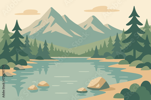 A tranquil mountain landscape with a serene river, lush trees, and rocky terrain, creating a peaceful outdoor scene. Ideal for nature, adventure, and outdoor-themed designs.