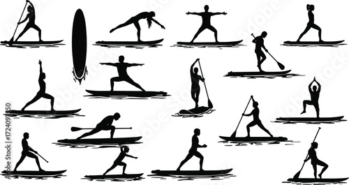 Silhouette paddleboard yoga poses, water sport activity, outdoor fitness, balance training, summer exercise, wellness, flexibility, peaceful vibe