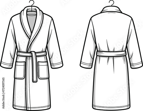 Bathrobe CAD flat sketch front and back view, white robe with belt and pockets, fashion flat vector loungewear sleepwear clothing design illustration
